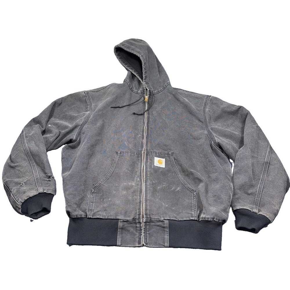 Vintage 1995 Carhartt JR105 Faded Black Canvas Hooded Active Jacket XL Thrashed